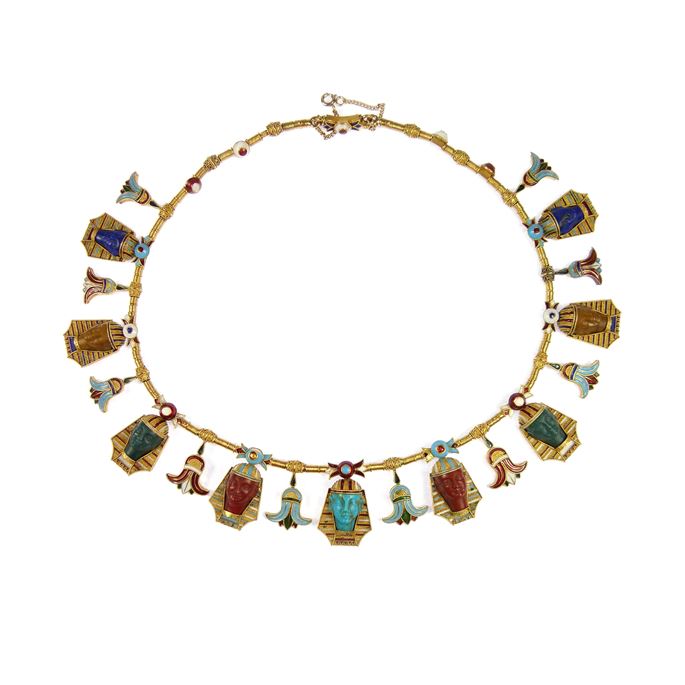19th century gold, enamel and carved hardstone Egyptian revival fringe necklace | MasterArt